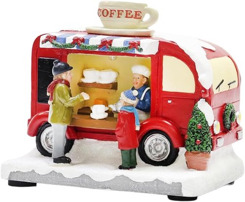 Moments In Time Christmas Coffee Truck Village Scene - Lighted LED Holiday Decor | Hand-Painted Polyresin
