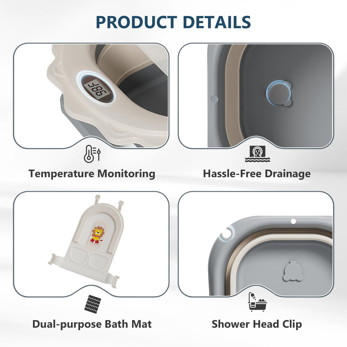 MoreFeel Foldable Baby Bathtub with Thermometer - 4-in-1 Grow-with-Me Collapsible Infant Tub (Newborn to Toddler) with Adjustable Mesh Sling - Space Saving Design