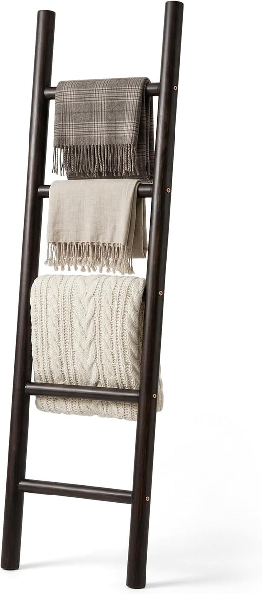 Wooden Blanket Ladder - 57in Natural & Motley Wood - Leaning Wall Decor for Bedroom, Bathroom, Living Room - Rustic Quilt Holder & Towel Rack (Dark Walnut, 57in | Fully Assembled)