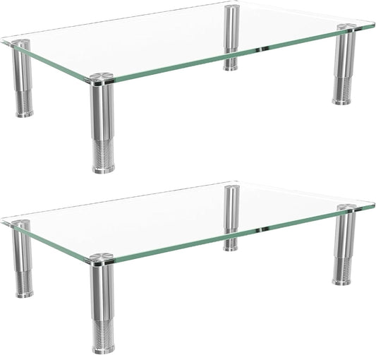 2 Pack Simple Trending Computer Monitor Riser with Height Adjustable, Tempered Glass, Multi Media Desktop Stand
