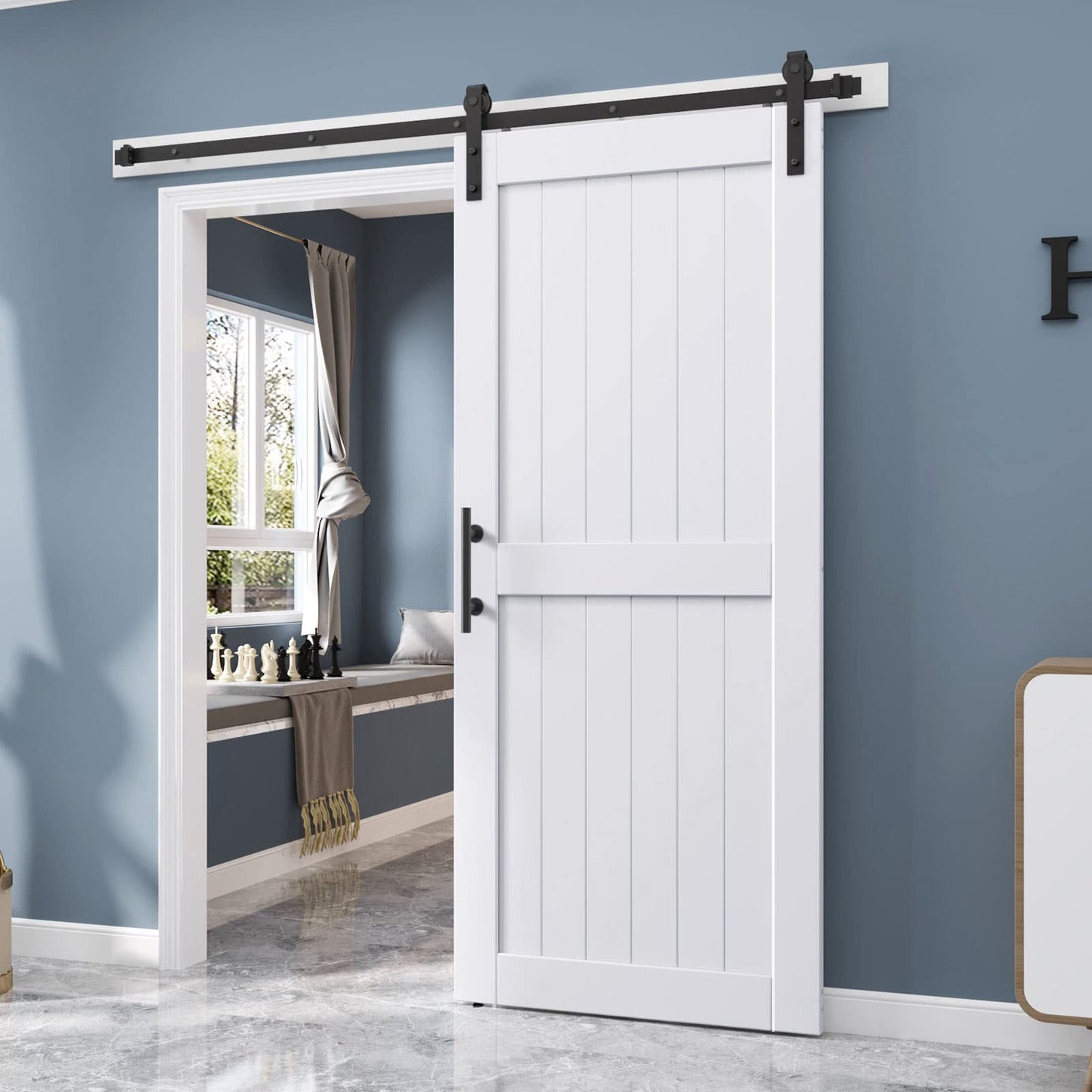 EaseLife 34 x 84 inch White Barn Door with 6FT Sliding Door Hardware Kit Included & Handle,Solid Wood Covered with Waterproof PVC Surface,DIY Assemblely,Easy Install,H-Frame,Fit 30-32in Wide Opening