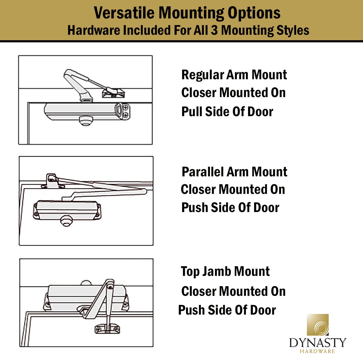 Dynasty Hardware Door Closer, Grade 1 Heavy Duty Commercial Hydraulic Closer, Self-Closing, Adjustable Spring Size 1-6, ADA Compliant, Surface Mount, Sprayed Aluminum, Series 4401