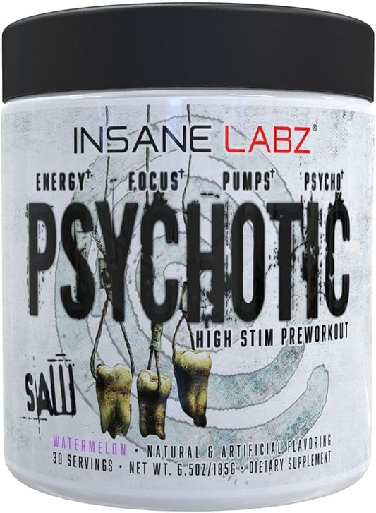 Insane Labz Psychotic SAW®, High Stim Pre Workout Powder with OxyGold­??and AMPiberry®, Extreme Lasting Energy with Teacrine®, Focus with CognitIQ® and Endurance with Beta Alanine, 30 Srvgs,Watermelon