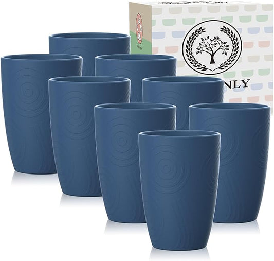Unbreakable Plastic Drinking Glasses Alternative, Reusable Water Tumblers Set of 8, Wheat Straw Cups for Kitchen, Picnic, RV, Microwave & Dishwasher Safe Drinking Cups for Hot and Cold Beverage(Blue)