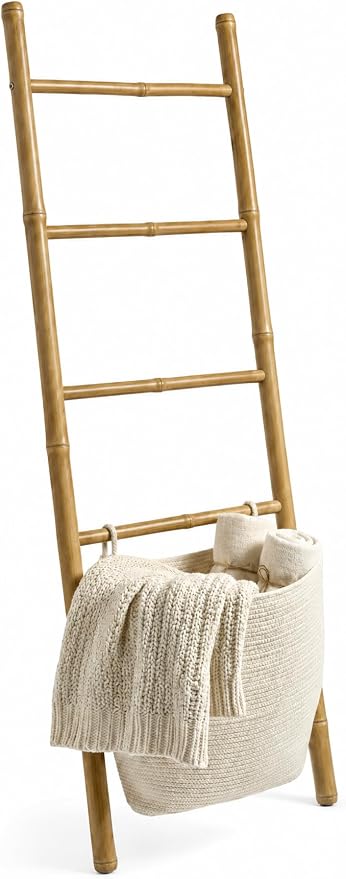 Bamboo Blanket Ladder with 2 Woven Storage Baskets, Handcrafted 55in Decorative Ladder for Blankets, Leaning Blanket Holder for Living Room, Towel Ladder for Bathroom & Quilt Display Rack