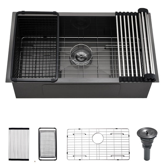 30 Black Stainless Steel Undermount Kitchen Sink, Luckyhorse 30" x 17" x 9" 18 Gauge Gunmetal Black Stainless Steel Undermount Kitchen Sink LH025SQ