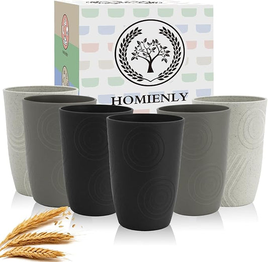 Homienly Drinking Glasses 16oz Wheat Straw Cups-Stackable and Reusable Cups, Alternative to Plastic Cups for Iced Coffee, Smoothies,Iced Tea-Black Grey