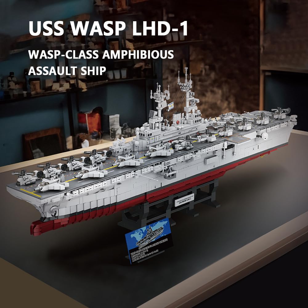 MISINI M7024 US Navy Warship Building Brick Set, 1:300 Military Series Wasp-Class Amphibious Assault Ship, 5220 Pieces Aircraft Carrier Collector's Toy, Displayable MOC Adult Battleship Gift