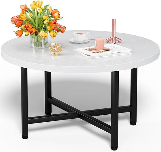 FAMIDGE Round Coffee Table, Small Coffee Tables for Living Room, Low Wood Coffee Table with Metal Frame, Floor Table Desk for Sitting on The Floor, Home, Office, White(23.6" D x 17.7" H)