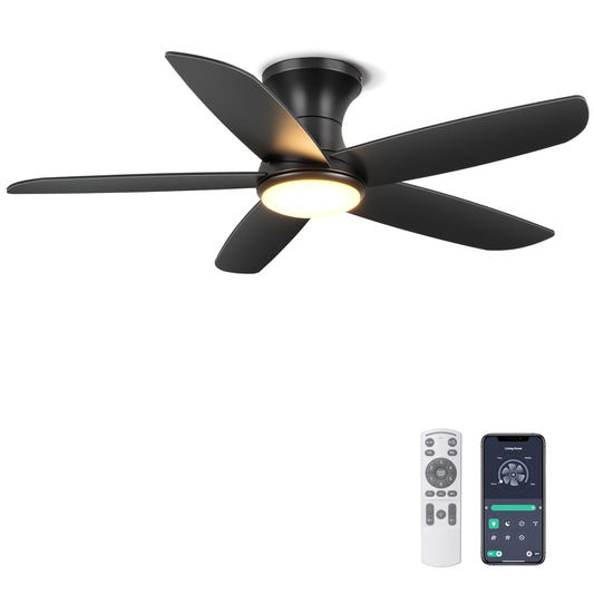 Ohniyou Ceiling Fan with Lights, 46" Flush Mount Ceiling Fans Remote/APP Control - Dimmable, Quiet DC Motor, Indoor Ceiling Fans for Bedroom Kitchen, Black