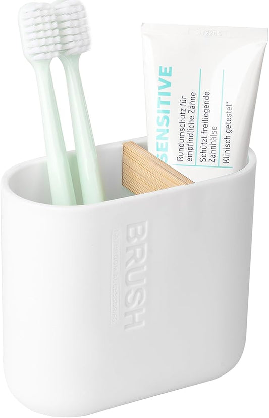 Toothbrush Holders Bamboo Electric Toothbrush Holder Bathroom Storage Organizer Countertop for Toothpaste, Floss, Razor, White