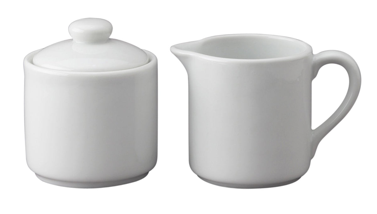 HIC Kitchen Contemporary Creamer And Sugar Bowl With Lid Set, Fine Porcelain, For Serving Sugar, Milk, Cream, Syrup, And Sauces, 3-Piece Set