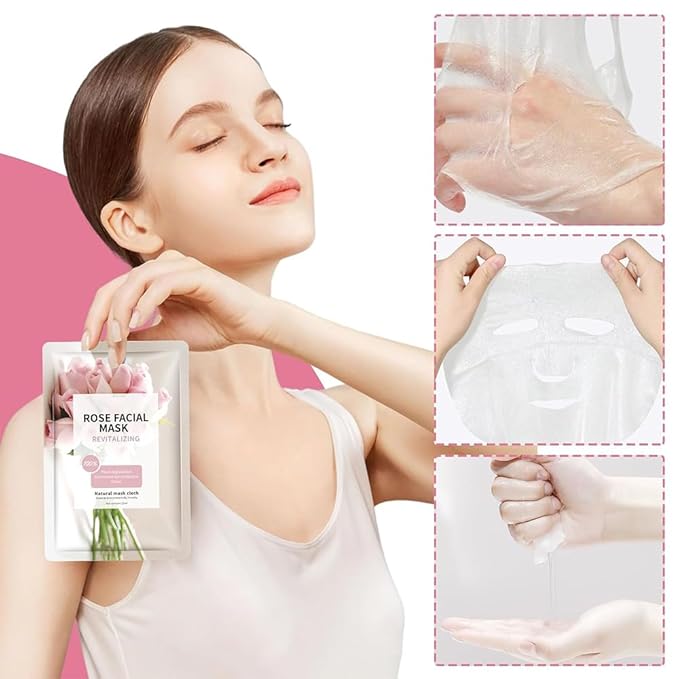 10 Sheets Face Masks Skincare for All Skin Types, Rose Hydrating Face Sheet Masks Suitable for Sensitive Skin, Pink Moisturizing Facial Mask for Women Skin Care, Face Mask Gifts for Face Spa