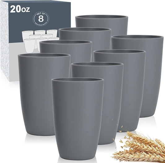 Wrova Wheat Straw Cups 8 PCS Good Alternative to Plastic Reusable Cups 20 oz Unbreakable Drinking Cup Reusable Dishwasher Safe Water Plastic Glasses Gray