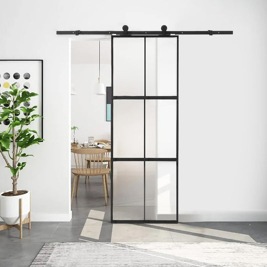 36 x 84" Glass Barn Door with 3-Panel Frosted Tempered Glass, 6 ft Top Mount Sliding Door Kit with Soft Close Mechanism,Black Carbon Steel Tempered Glass Sliding Door,Easy Assembly, Hardware Included