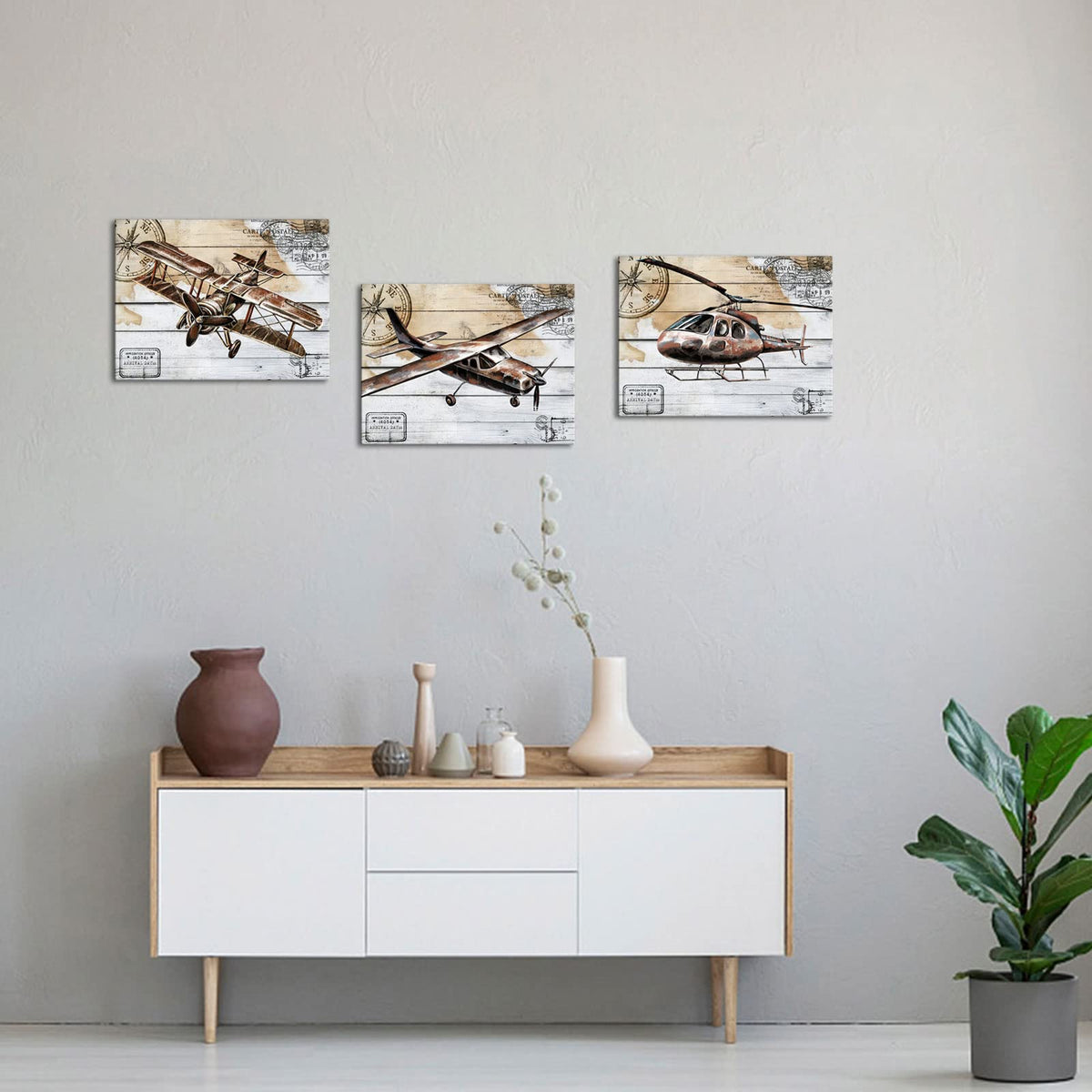 KLVOS Airplane Canvas Wall Art Retro Biplane Propeller Plane Helicopter Picture on Wood Texure Giclee Print Artwork Stretched and Framed Aircraft for Kids Boy Room Wall Decor 12x16inchx3pcs