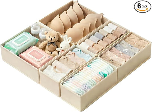 Drawer Organizer Set 6 Pack - Foldable Fabric Storage Bins with Zipper Bottom for Underwear Socks Bras Baby Clothes - Closet Dresser Organizers Dividers for Bedroom Nursery, Beige