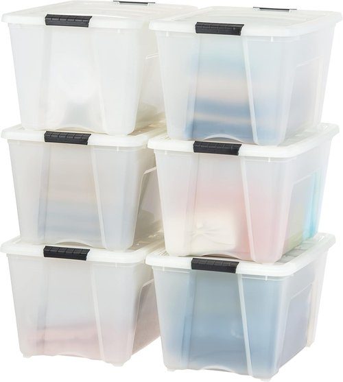 IRIS USA 54 Quart Stackable Storage Bins - Durable Plastic Containers with Lids & Latching Buckles, 6 Pack - Pearl