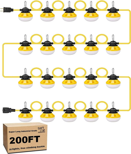 200FT Construction LED String Lights, Industrial Grade Best for Construction Sites, Renovation, Patio, Mine cave, Outdoor, and Other Outdoor Lighting Solutions Use, with Hook (200FT -20 Lights)