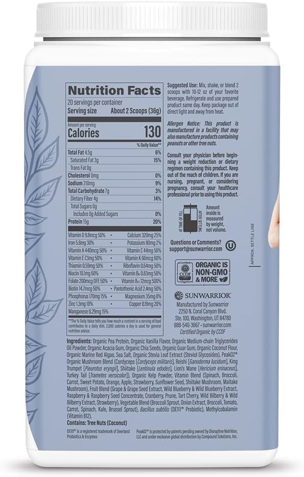 Sunwarrior Vegan Protein Superfood Shake Meal Replacement Organic Protein Supplement | Gluten Free Non-GMO Dairy Free Sugar Free Low Carb Plant Based Protein | Vanilla 20 Servings | Shape Lean