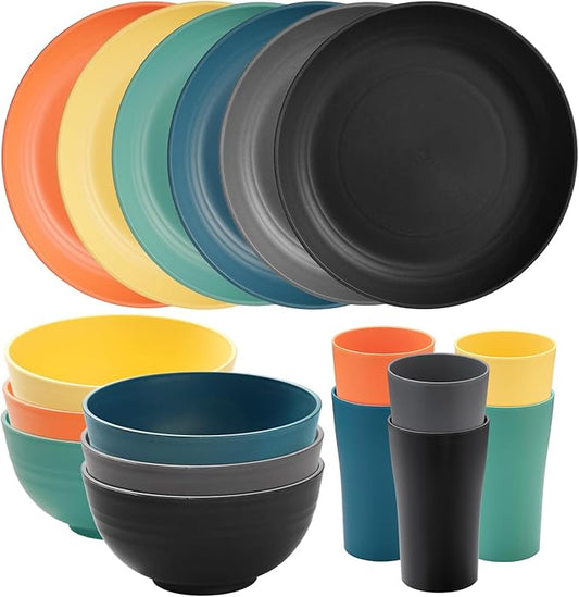 18pcs Wheat Straw Dinnerware Sets, SANLUNS Unbreakable Reusable Dinnerware Set for 6,Kitchen Cups Plates and Bowls Sets Plates Cups and Bowls Set Dishwasher Microwave Safe Dinner Dishes