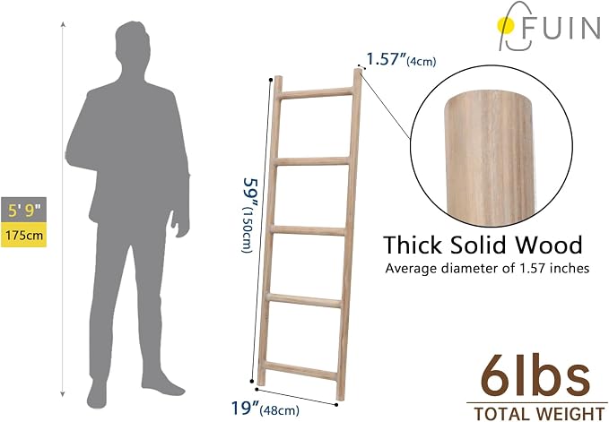 FUIN Fully Assembled 5ft Wood Blanket Ladder Living Room Decorative Wall Leaning Farmhouse Quilt Display Holder Rustic Wooden Towel Rack for Bathroom, Natural & Graywashed