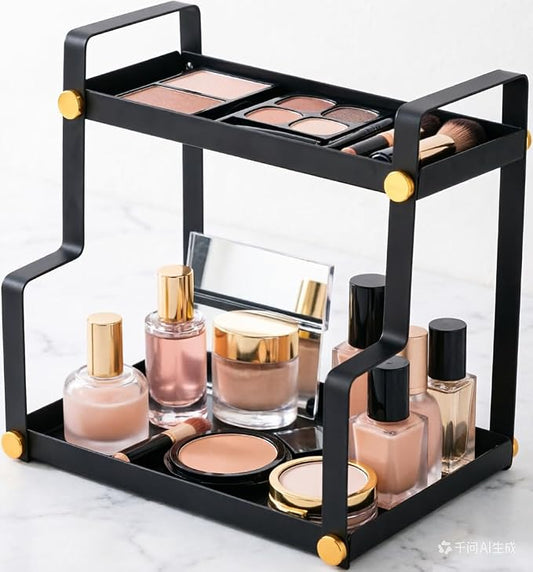 FFK 2 Tier Countertop Organizer, Cosmetic Organizer, Storage Shelf for Cabinet, Countertop, Pantry, Desktop, Ideal for Bathroom, Kitchen, Office (Black)