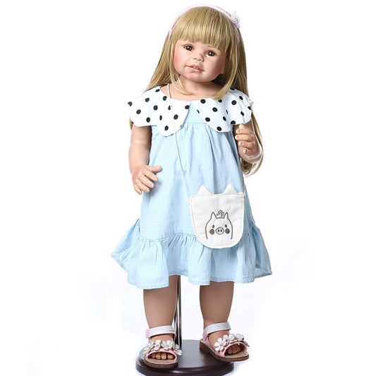 28inch Reborn Toddler Dolls,Huge Baby Full Body Hard Vinyl Standing Girl Handmade Real Realistic Girl Parts Blue Dress Great Qualtity Masterpiece Doll Model Collectible
