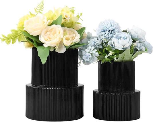Ribbed Glass Vases for Bouquet, Set of 2 Black Glass Vases for Flowers, Black Flower Vase for Tulips, Modern Vase for Living Room, Office, Coffe Table, Dining Table, Shelf, Wedding