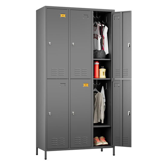6 Door Metal Storage Locker for Employees,Heavy Duty Steel School Locker with Adjustable Shelves and 18 Hooks,Metal Lockers for Office,Gym,Home,72"H x 35.4"W x 15.75"D,Dark Grey,Assembly Required