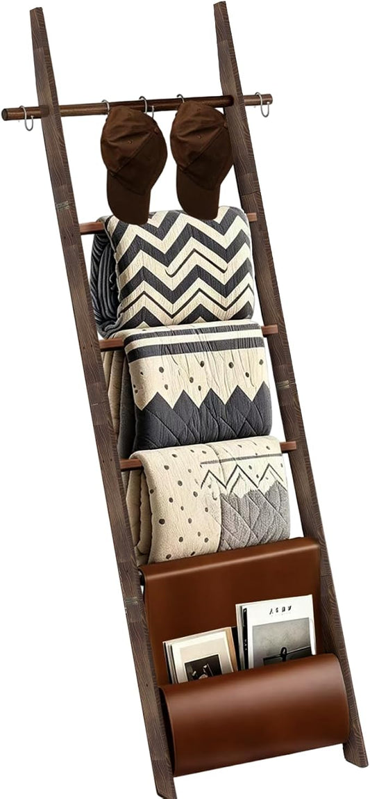 Wooden Blanket Ladder 6-Tier Farmhouse Rustic Blanket Holder with Synthetic Leather Bag, Decorative Stand with Removable Hooks Quilt Towel Rack for Home Living Room Bedroom Decor Brown