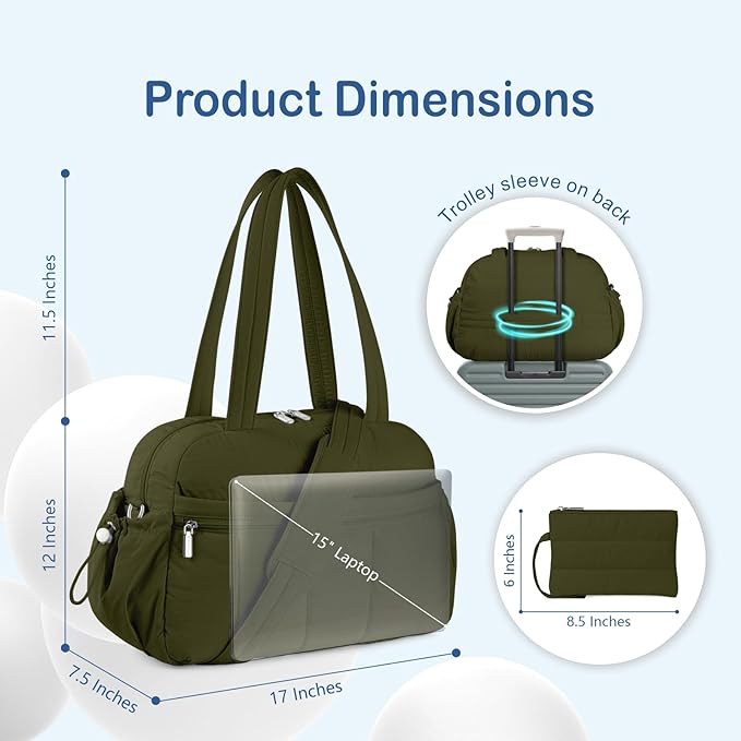TOPDesign Travel Duffel Bag for Women, Puffer Gym Bag Sports Tote with Wet Pocket, Carry On Weekender with Luggage Sleeve (Dark Green)