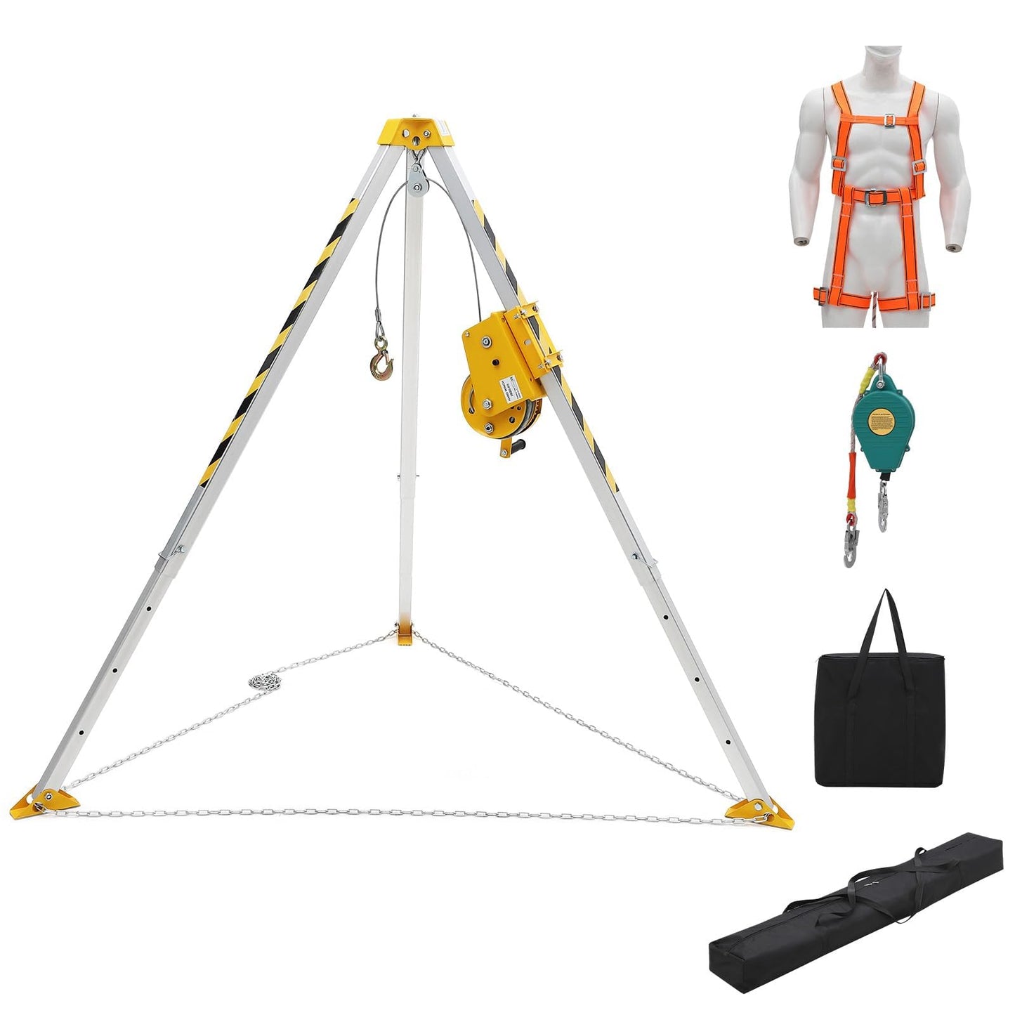 Adjustable Confined Space Tripod Rescue System – 2600 Lbs Winch, Self-Locking Safety, 98 ft Steel Cable, Safety Harness & Storage Bag, for Well, Sewer, Manhole, Tank Operations (Fall Protection)