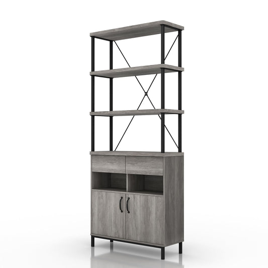 24/7 Shop at Home Auklet Farmhouse Multi Storage Wood 3 Shelves Bookcase with 2 Drawers, 2 Cabinets for Living Room, Home Office, Bedroom, Vintage Gray Oak