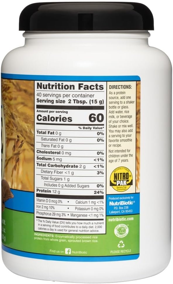 NutriBiotic ??Plain Rice Protein, 1 Lb 5 oz (600g) - Low Carb, Keto-Friendly, Vegan, Raw Protein Powder - Grown & Processed Without Chemicals, GMOs or Gluten - Easy to Digest & Nutrient-Rich
