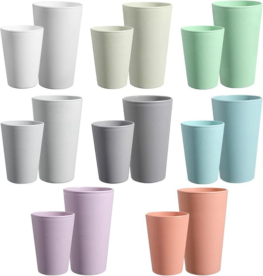 HEYCOME Set of 16 Wheat Straw Cups, 8 Pcs 20 oz & 8 Pcs 12 oz Unbreakable Drinking Cups, Reusable Plastic Cups Sets, Water Glasses Tumblers, Microwave & Dishwasher Safe, Bpa Free, 8 Colors