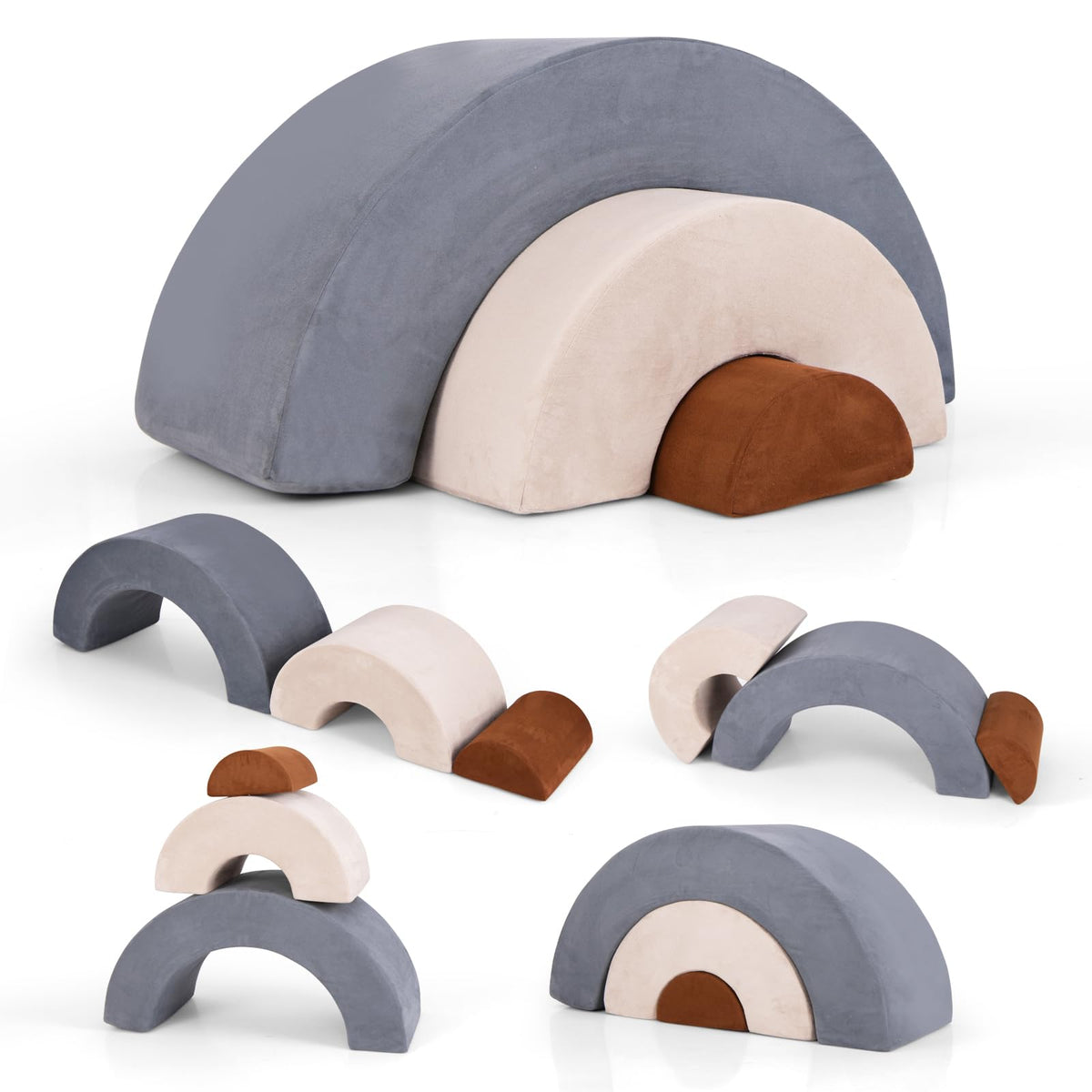 INFANS Climbing Toys for Toddlers, 3pc Foam Climbing Blocks Rainbow Shaped Indoor Play Set, Soft Equipment Modulars Rainbow Crawling Tunnel Playroom Couch for Children Playroom Baby (Grey)