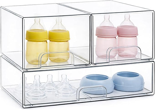 Bottle Storage Organizer Baby, Clear Stackable Storage Drawers Set for Baby Bottle, Beauty Supplies Storage, Ideal for Countertop, Vanity, Bathroom, Cabinet, Pantry Organization (7.8"H, 3 Pack)