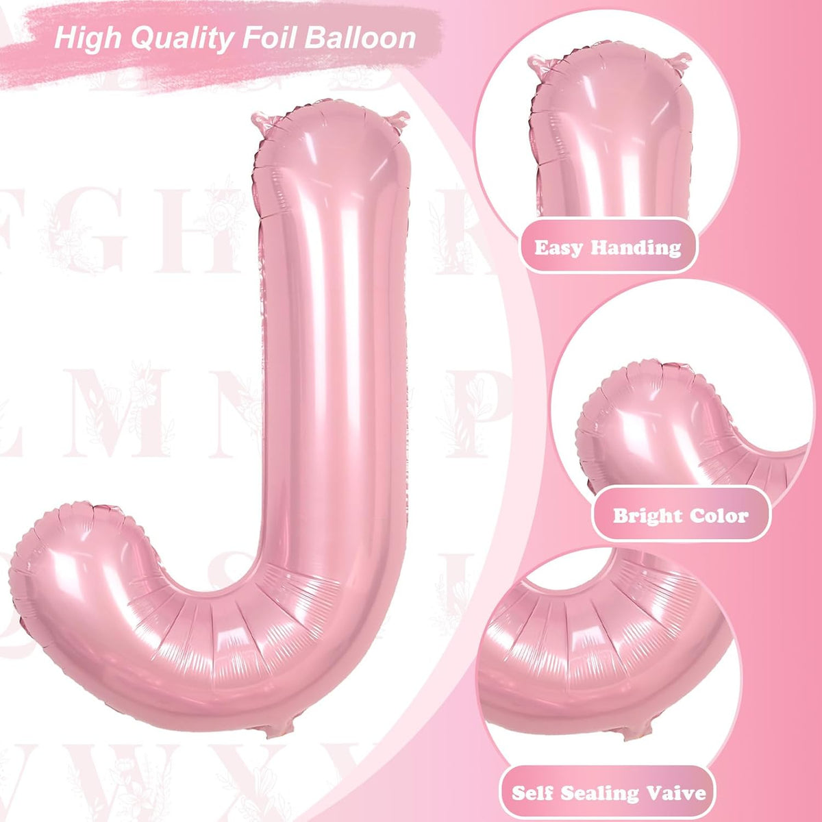 Pastel Pink Balloon Letter J - Large 40 Inch Mylar Foil Alphabet J for Girls' Birthday Party Decor