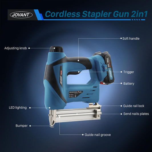 2 in 1 Nail Gun Battery Powered,Cordless Nail Gun with 800pcs Nails&Staples, Electric Nail Gun with 2×2.0Ah Batteries, Nail Gun for Woodworking Upholstery & DIY