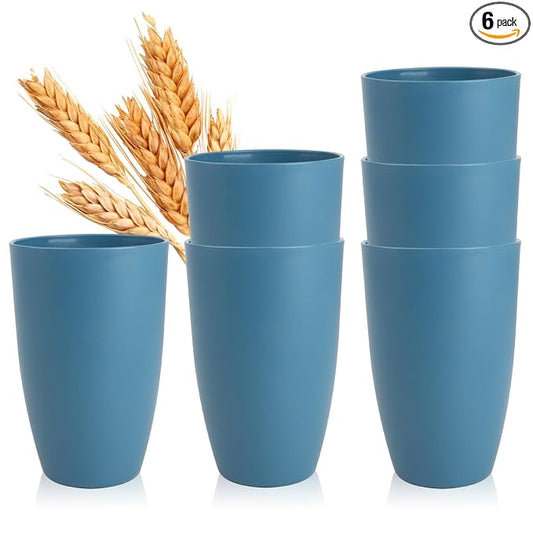 SINOGE Premium Wheat Straw Cups 20 oz Large Capacity Unbreakable Drinking Glasses | Set of 6 | Alternative to Plastic Cups Reusable Water Glasses Dishwasher and Microwave Safe Drinking Cups - Blue