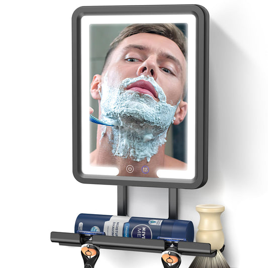 Widitn Lighted Shower Mirror Fogless for Shaving, Heated Fogless Shower Mirror with 3 Colors Stepless Dimmable Lights, Rechargeable Adjustable Shaving Mirror with Razor Stand, Brush Holder for Men