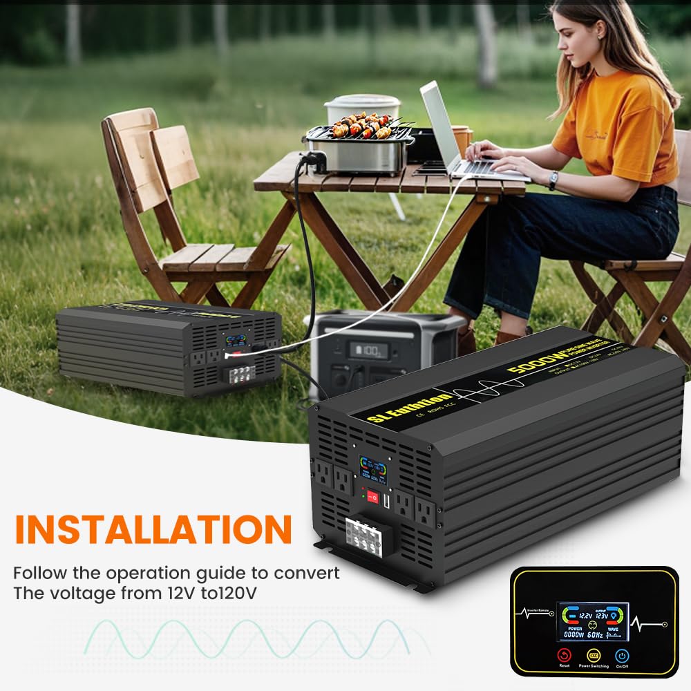 SL Euthtion 5000W/10000W(Peak) Pure Sine Wave Car Power Inverter 12V DC to 120V AC 60HZ with LCD Display, USB Port, Wireless Remote Control（10M) for Car Home Laptop Truck