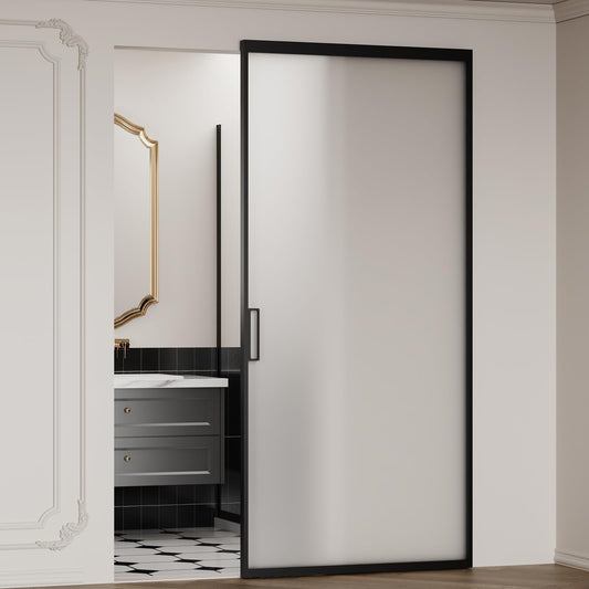 40" x 87" Frosted Glass Barn Door, Concealed Sliding Barn Door with Soft Close, Waterproof Modern Sliding Door for Bathroom/Kitchen Privacy, 5/16"(8mm) Tempered Glass, Fits 28"-36"W x 72"-85"H, Black