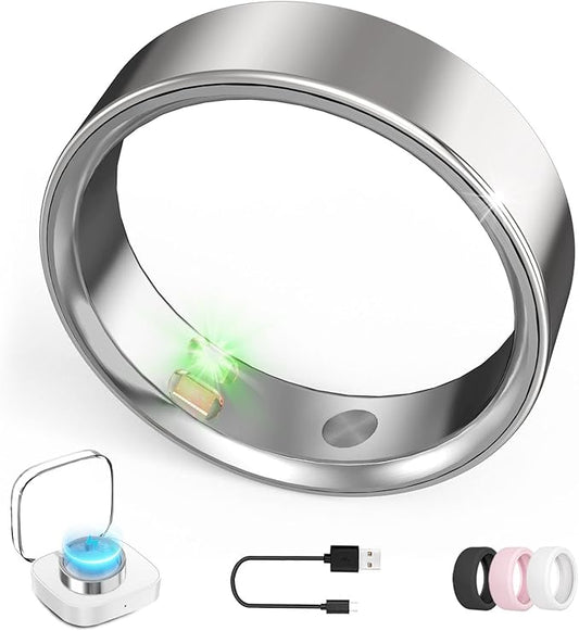 Smart Ring with Vibration Alerts, Health Tracker Ring with Body Temperature Monitor, Heart Rate, Sleep & Fitness Tracking, Waterproof Activity Ring for Men & Women, No App Fees (Silver, 9#)