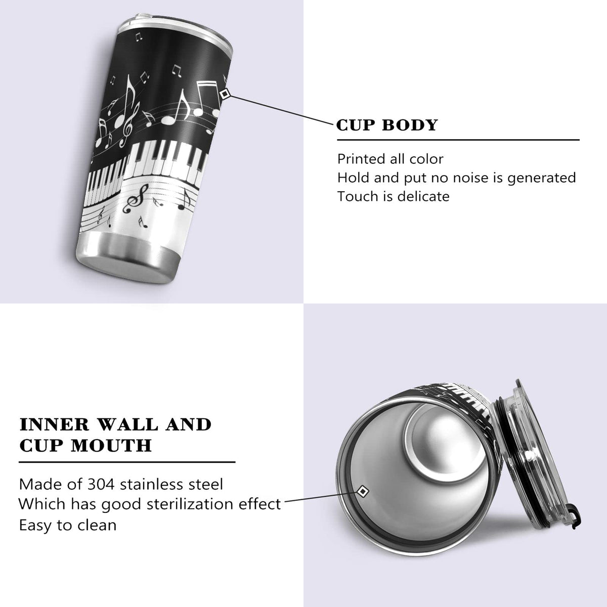 Selerdon 20 oz Piano Keys Music Note Insulated Tumbler Coffee Mug Double Wall Vacuum Travel Mug with Straw and Lid Stainless Steel