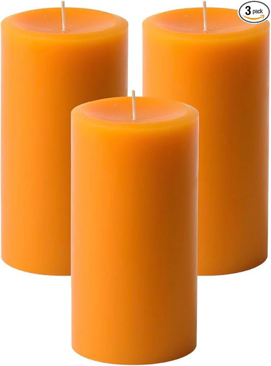 Mister Candle Dripless Unscented Pillar Candles, Set of 3 Hand Poured Orange Pillar Candles, Solid Color Non-Scented Candles for Home Decor, Premium Wax, 80 Hr Burn Time, 3x6 Inch