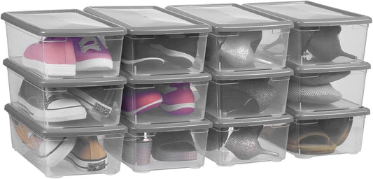 Sterilite 6 Quart Latching Storage Box - Clear Plastic Bins With Lids | Stackable Grey 12 Pack