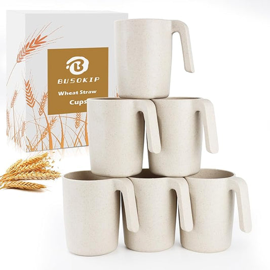 Coffee Mugs Set of 6, Wheat Straw Cups 16 oz, Resuable Plastic Coffee Cups With Handle, Unbreakable & Stackable Kitchen Cup, Microwave safe Drinking Glasses for Tea, Juice and Water - Beige