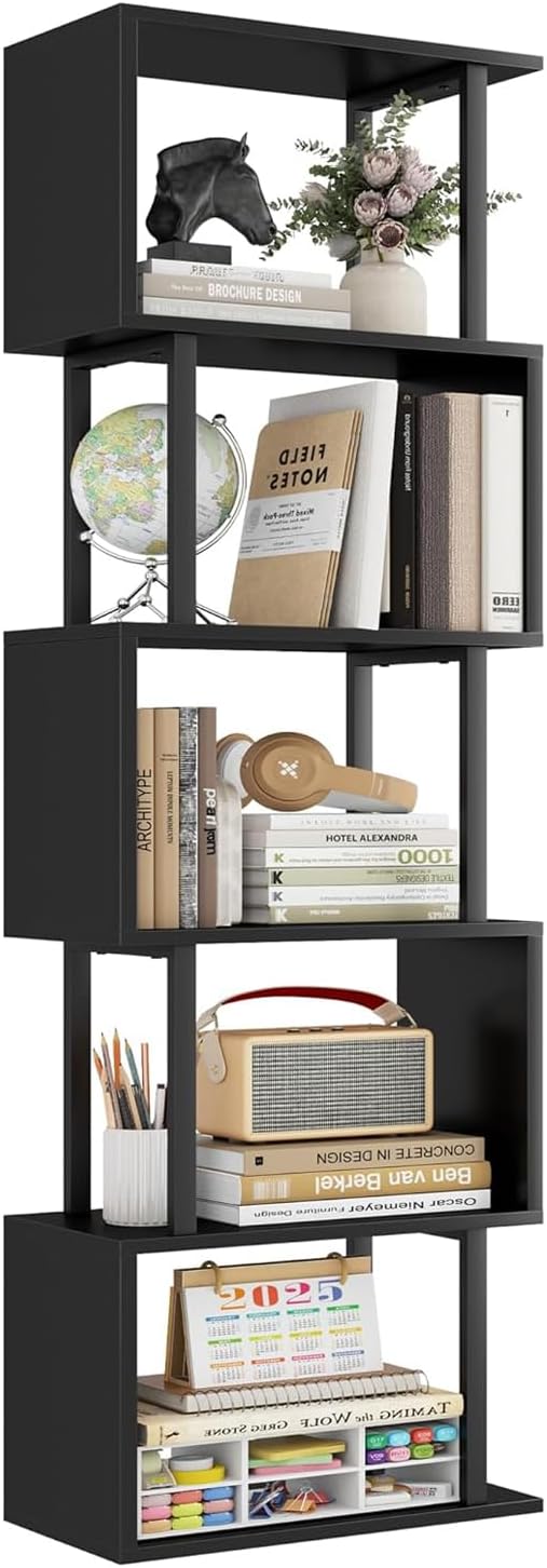 Gadroad 5-Tier Bookshelf, Tall S-Shaped Geometric Bookcase, Wood and Metal Decorative Storage Shelving, Modern Freestanding Display Shelves, Book Shelf Unit for Living Room Bedroom Home Office, Black